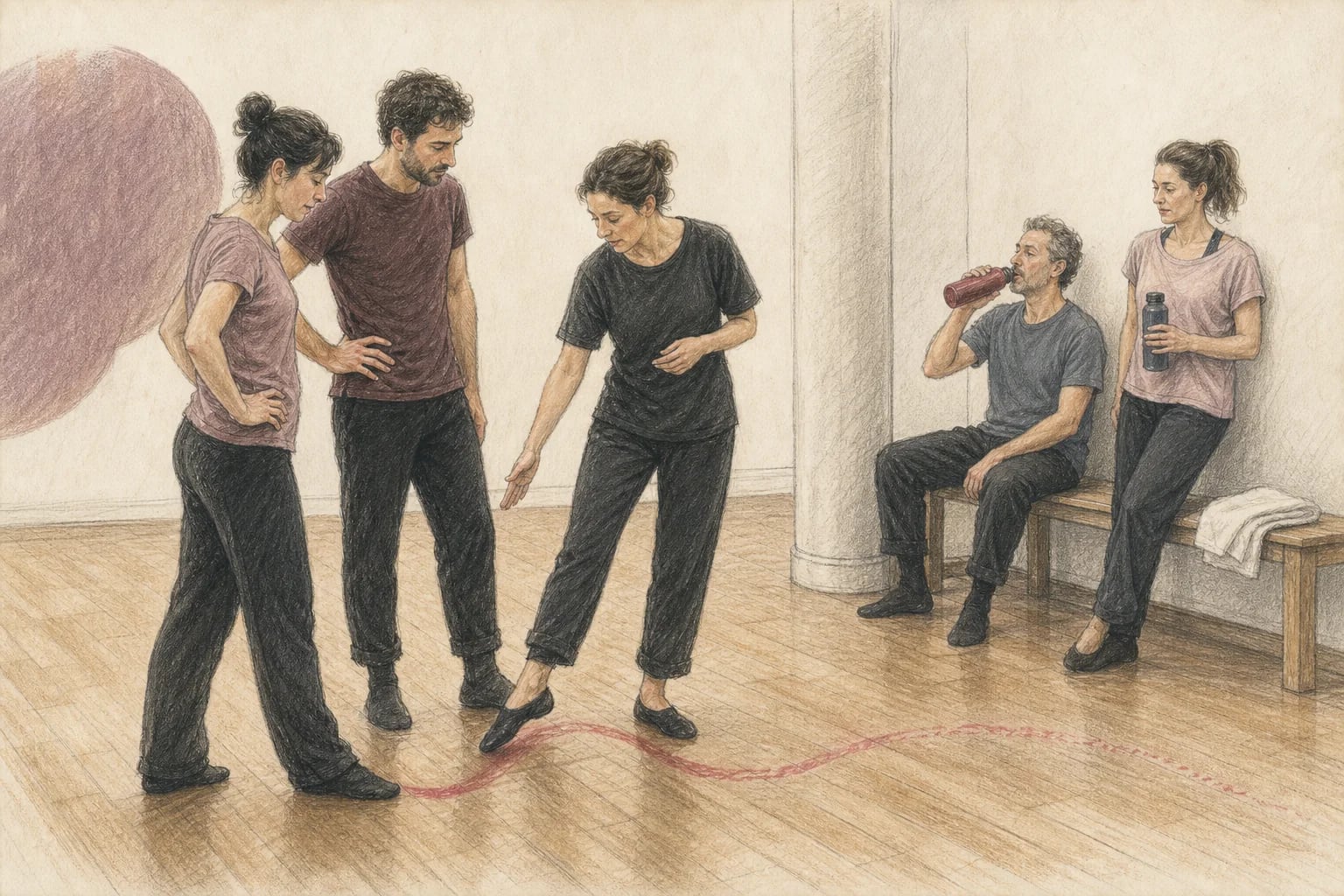 Illustrazione di un insegnante che spiega un passo mentre due allievi fanno una pausa