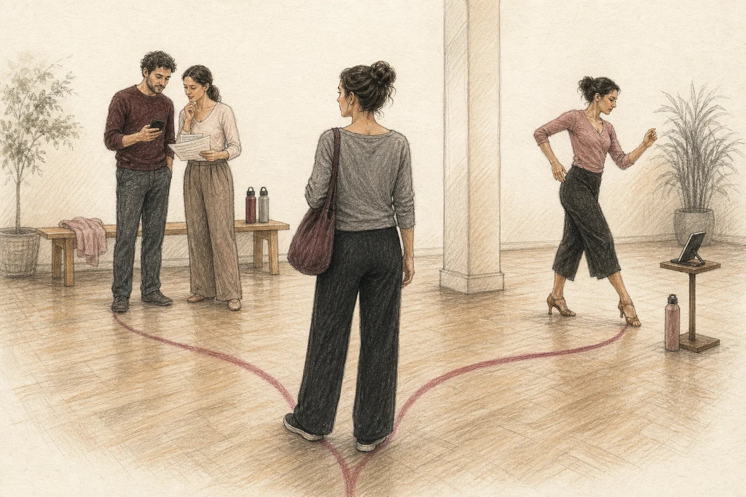 Illustrazione di una ballerina che sceglie tra il primo ballo e le lezioni online