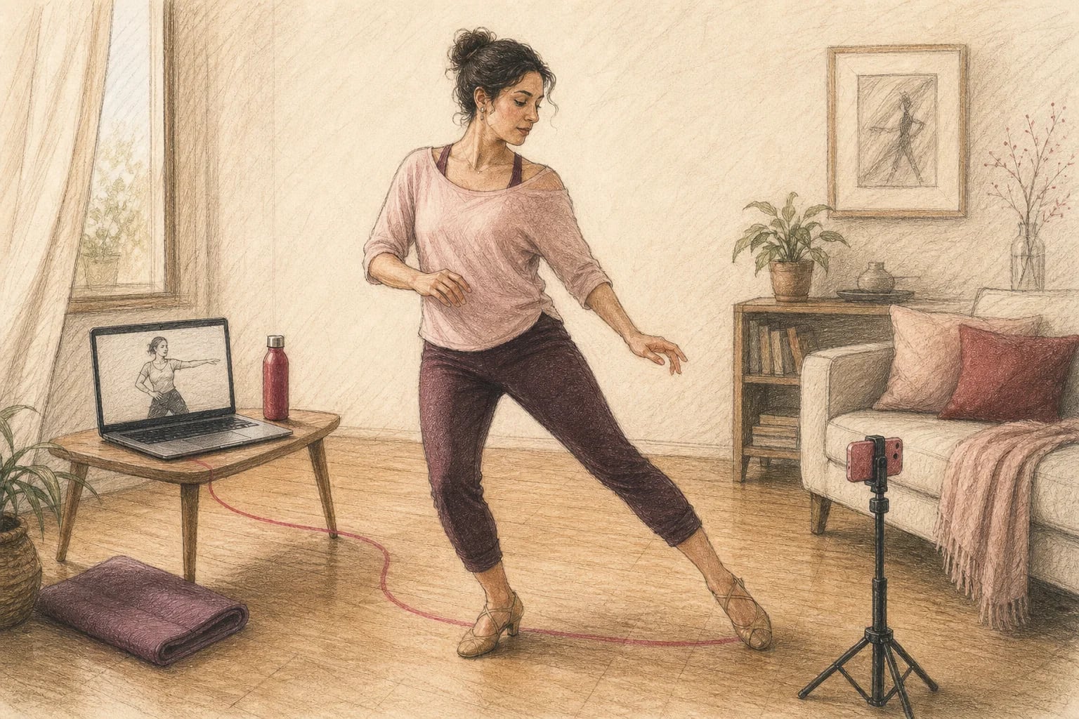 Illustrazione di una donna che segue una lezione di ballo online da casa