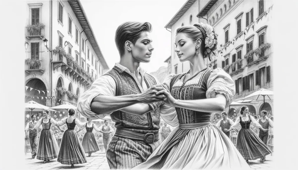 Uno schizzo dettagliato a matita raffigurante un 'Ballo di Gruppo' su una strada italiana vivace, mostrando un gruppo di ballerini con volti chiari e belli. In primo piano un uomo e una donna italiani in abiti festivi tradizionali danzano con grazia. Lo sfondo di una strada italiana è ricco di dettagli, con edifici storici e decorazioni festose, trasmettendo l'atmosfera di un animato festival di strada.