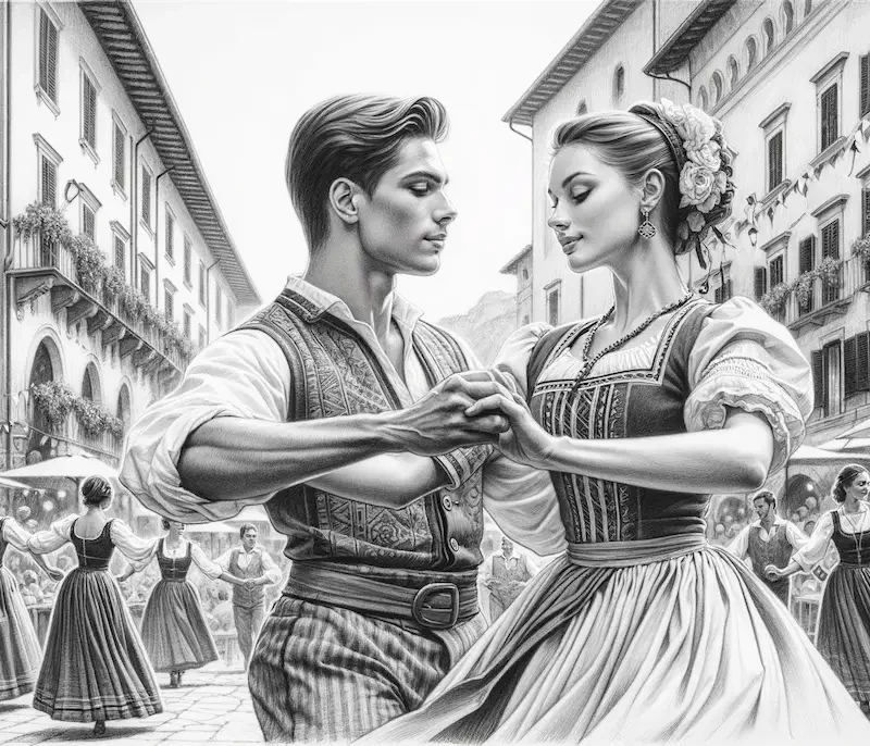 Uno schizzo dettagliato a matita raffigurante un 'Ballo di Gruppo' su una strada italiana vivace, mostrando un gruppo di ballerini con volti chiari e belli. In primo piano un uomo e una donna italiani in abiti festivi tradizionali danzano con grazia. Lo sfondo di una strada italiana è ricco di dettagli, con edifici storici e decorazioni festose, trasmettendo l'atmosfera di un animato festival di strada.