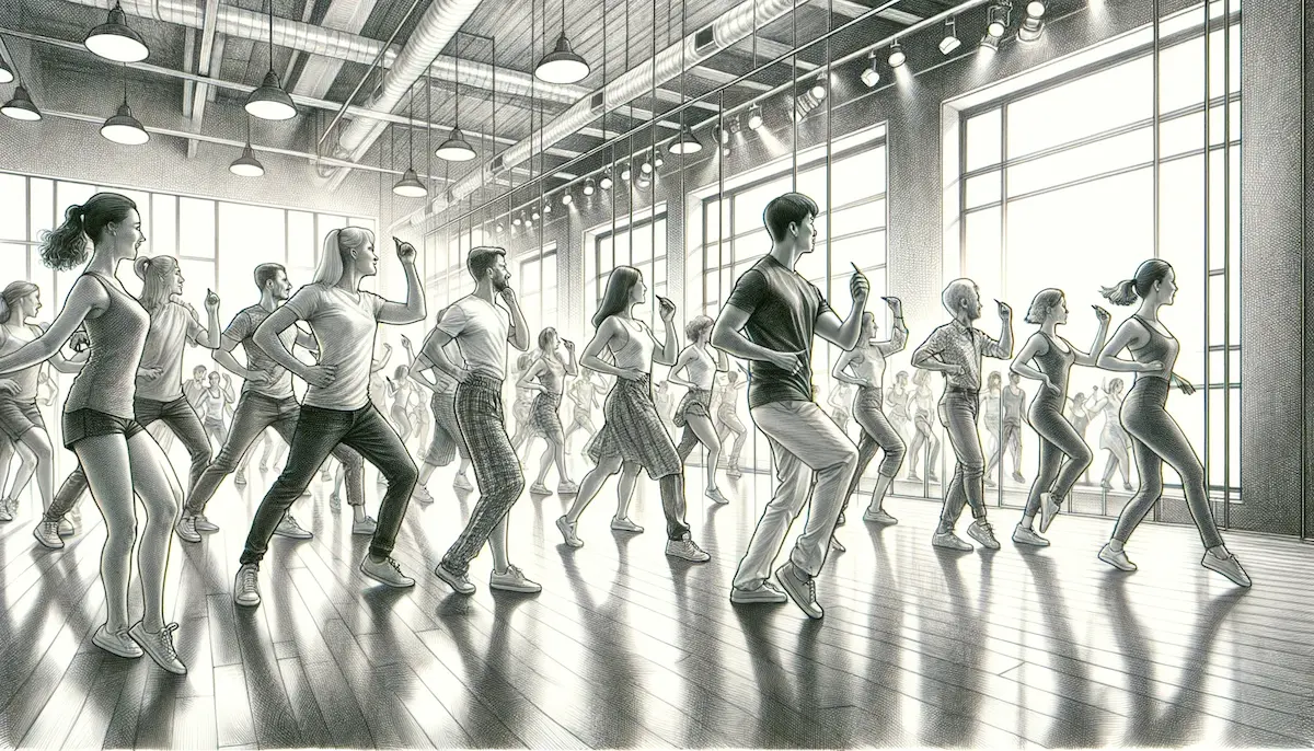Gruppo eterogeneo impara il ballo di gruppo in uno studio di danza.