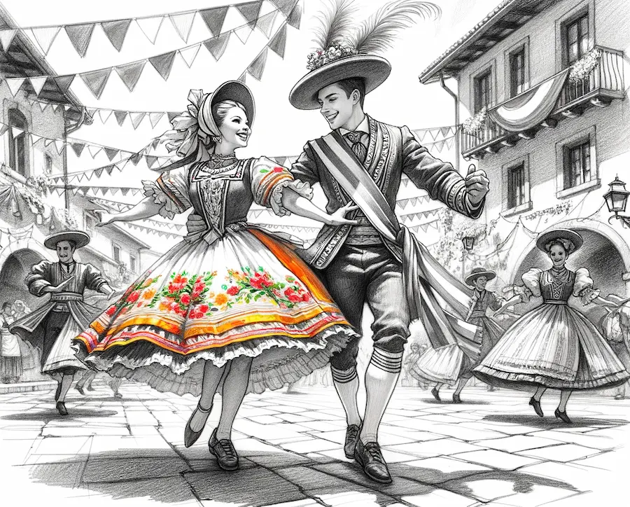 Gruppo di ballerini italiani impegnati in balli di gruppo tradizionali in una piazza di paese durante una festa.